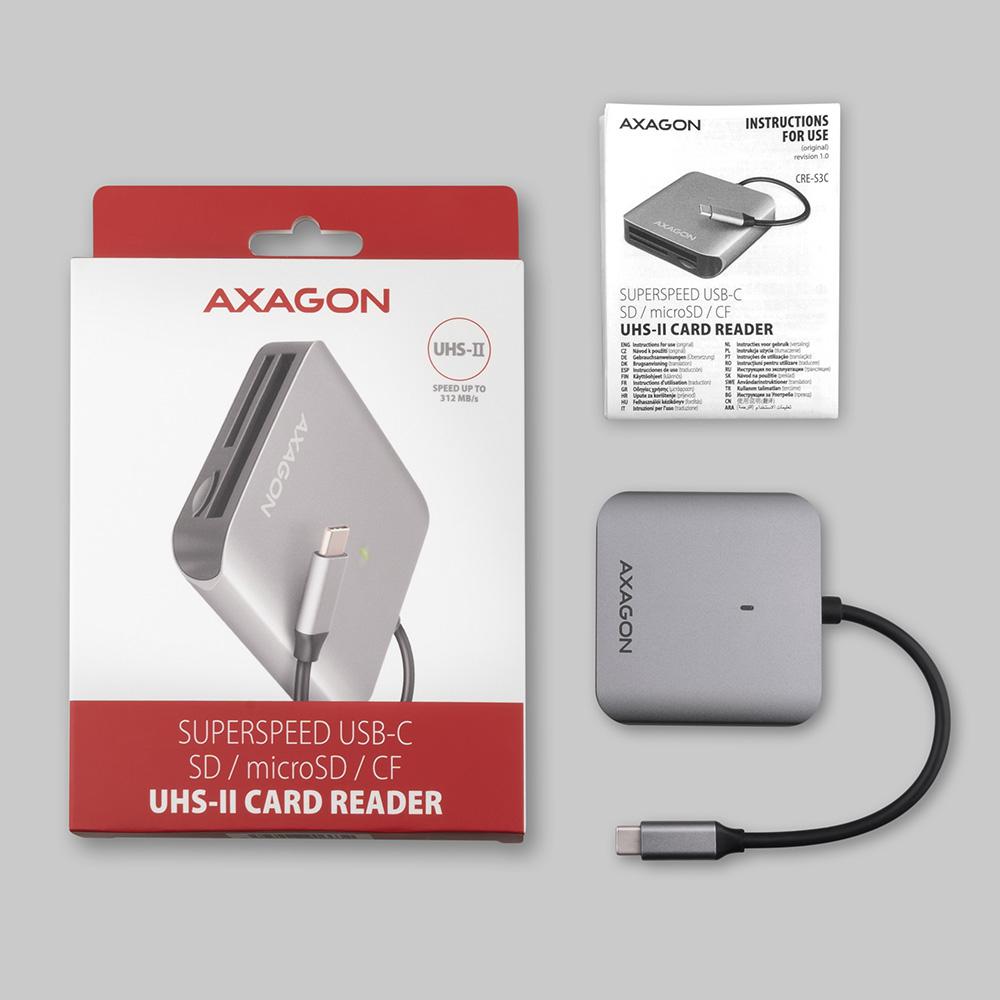 AXAGON - Lector de tarjetas AXAGON CRE-S3C External card reader USB-C 3.2 Gen 1, 3-slot & lun SD/microSD/CF, UHS-II