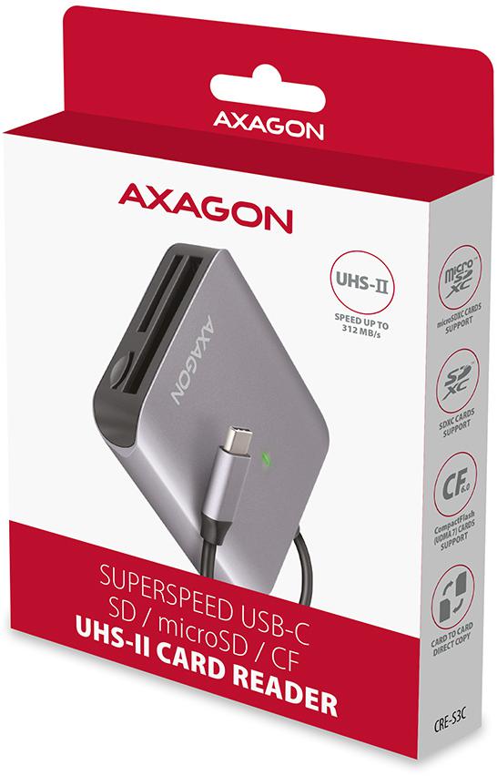 AXAGON - Lector de tarjetas AXAGON CRE-S3C External card reader USB-C 3.2 Gen 1, 3-slot & lun SD/microSD/CF, UHS-II