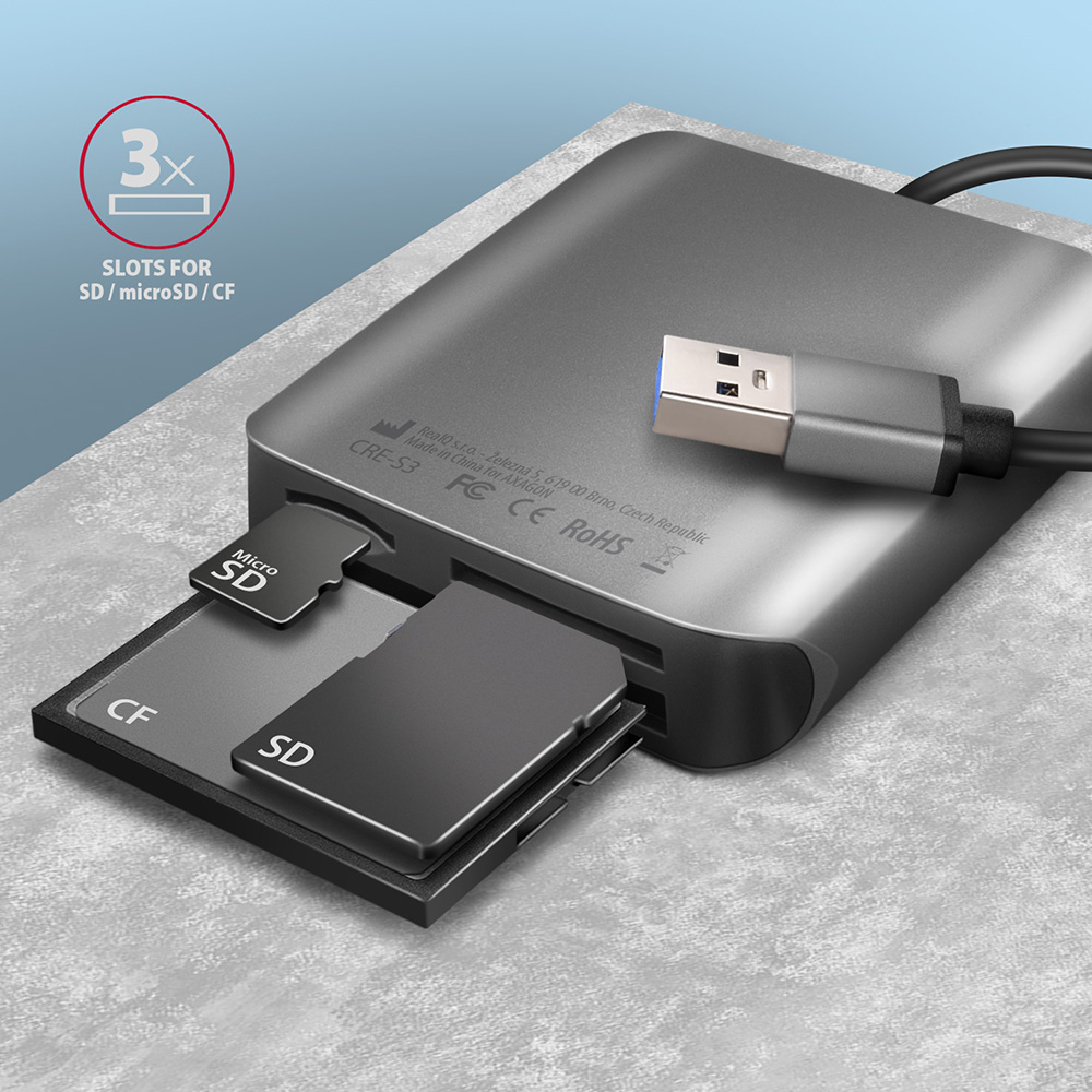 AXAGON - Lector de tarjetas externo AXAGON CRE-S3 External USB-A 3.2 Gen 1, 3-slot & lun SD/microSD/CF, UHS-II