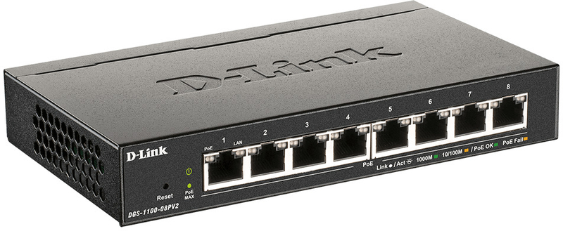 D-Link - Switch D-Link DGS-1008P 8 Portas POE+ 68W Power Budget