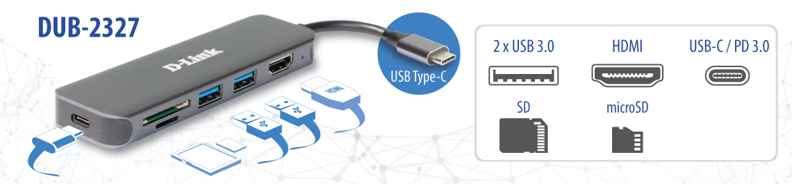 D-Link - HUB USB D-Link USB-C Macho > 2 x USB 3.0 (SS) + 1 x HDMI (4K Ready) + 1 x USB-C (PD60W) + Leitor de Cartões