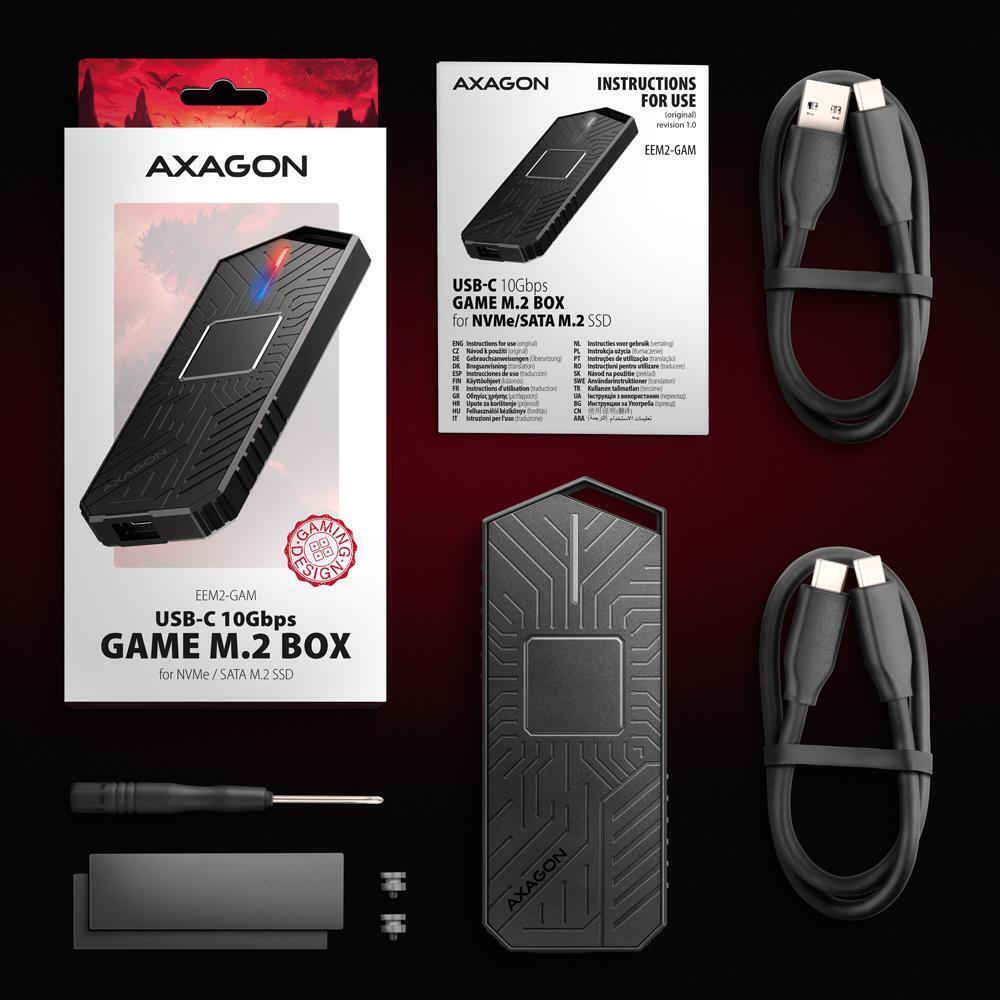 AXAGON - Caja SSD AXAGON EEM2-GAM USB-C 3.2 Gen 2 10Gbps - M.2 NVMe/SATA SSD GAME 30-80mm ALU box