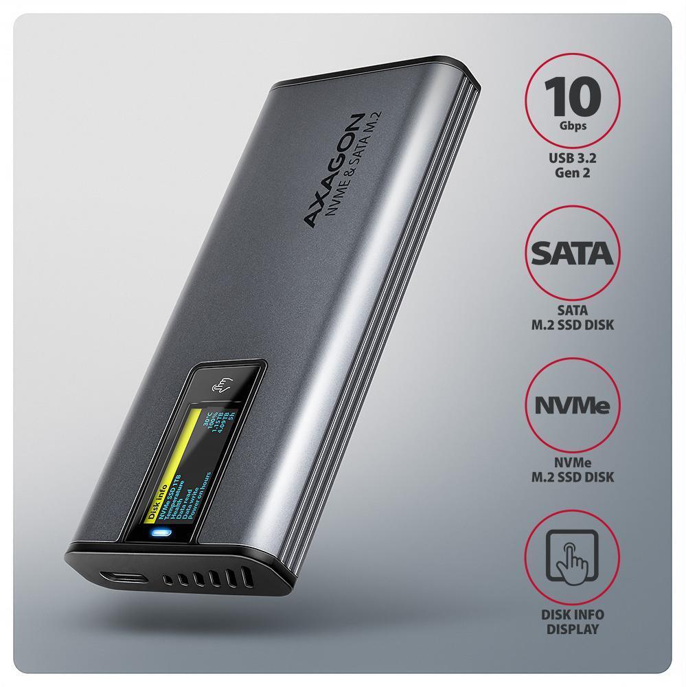 AXAGON - Caja Externa AXAGON EEM2-SD2 para M.2/SSD C/ Display USB-C 3.2 Gen2 - Silver