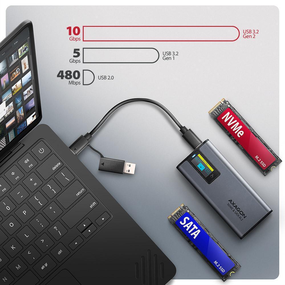 AXAGON - Caja Externa AXAGON EEM2-SD2 para M.2/SSD C/ Display USB-C 3.2 Gen2 - Silver