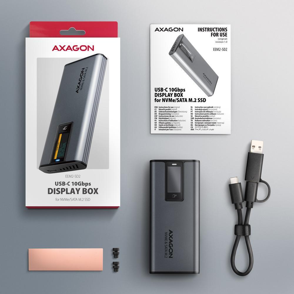 AXAGON - Caja Externa AXAGON EEM2-SD2 para M.2/SSD C/ Display USB-C 3.2 Gen2 - Silver