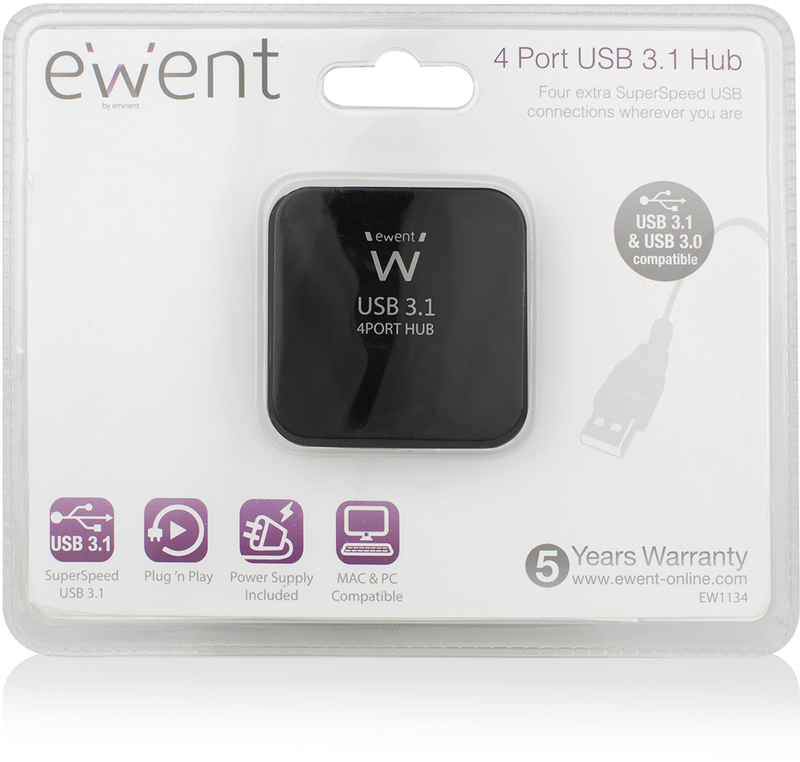 Ewent - Hub USB Ewent 4 Portas USB 3.0 Gen 1 c/Alimentación