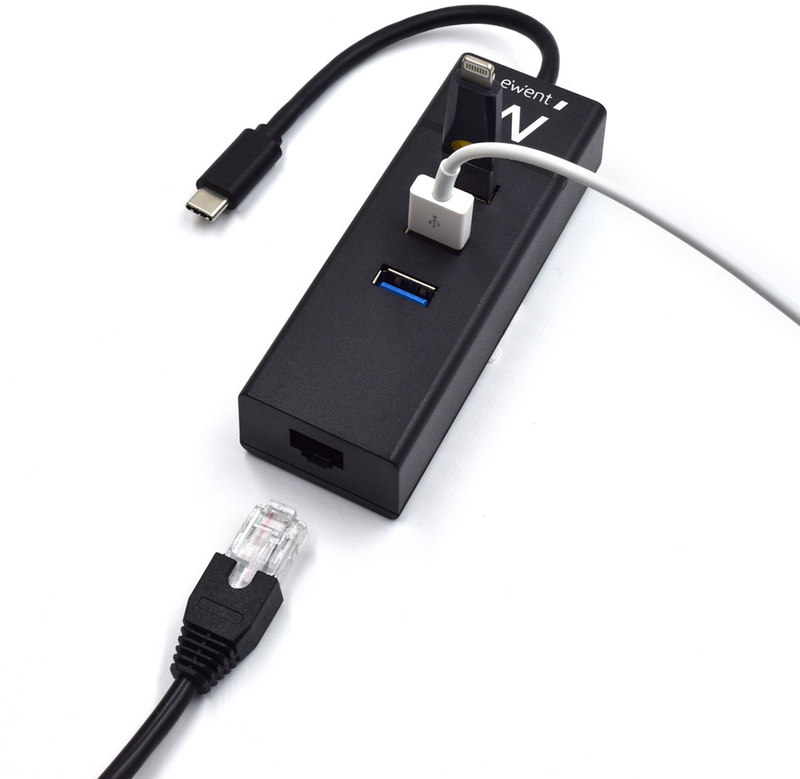 Ewent - Hub USB Ewent 3 Portas USB 3.1 Gen 1 Type C + 1 Porta RJ45 Gigabit