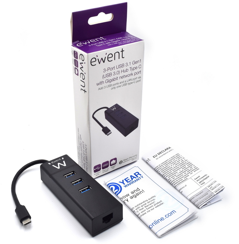 Ewent - Hub USB Ewent 3 Portas USB 3.1 Gen 1 Type C + 1 Porta RJ45 Gigabit