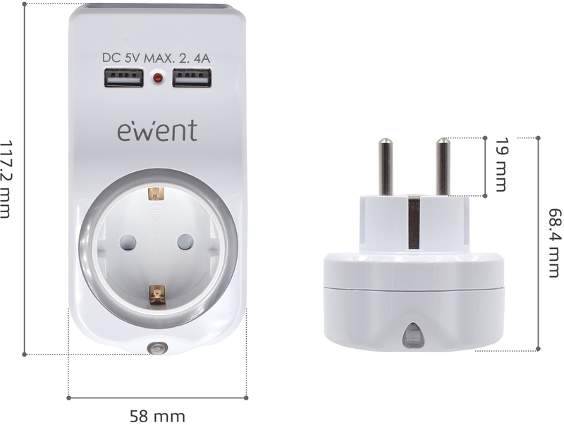 Ewent - Cargador de Tomas Ewent USB 4 em 1 2.4A (12W) c/Shuko