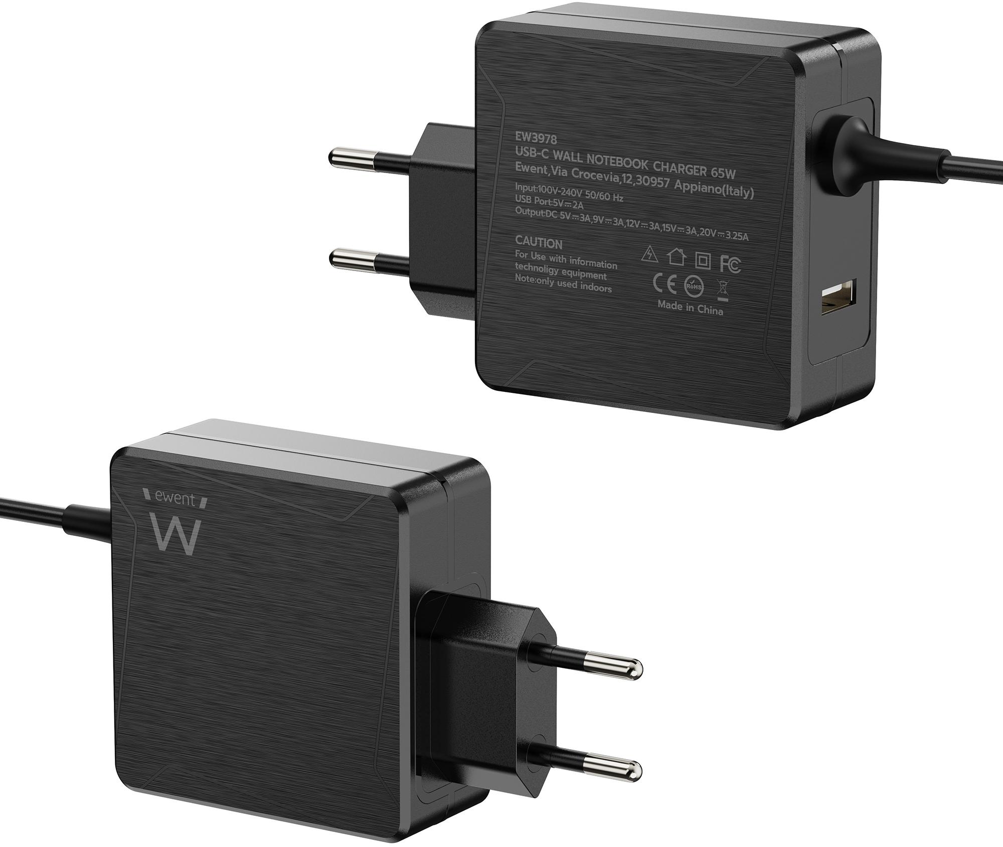 Ewent - Cargador de Portátil Ewent USB-C + 1-Puerta USB-A PD 65W Negro