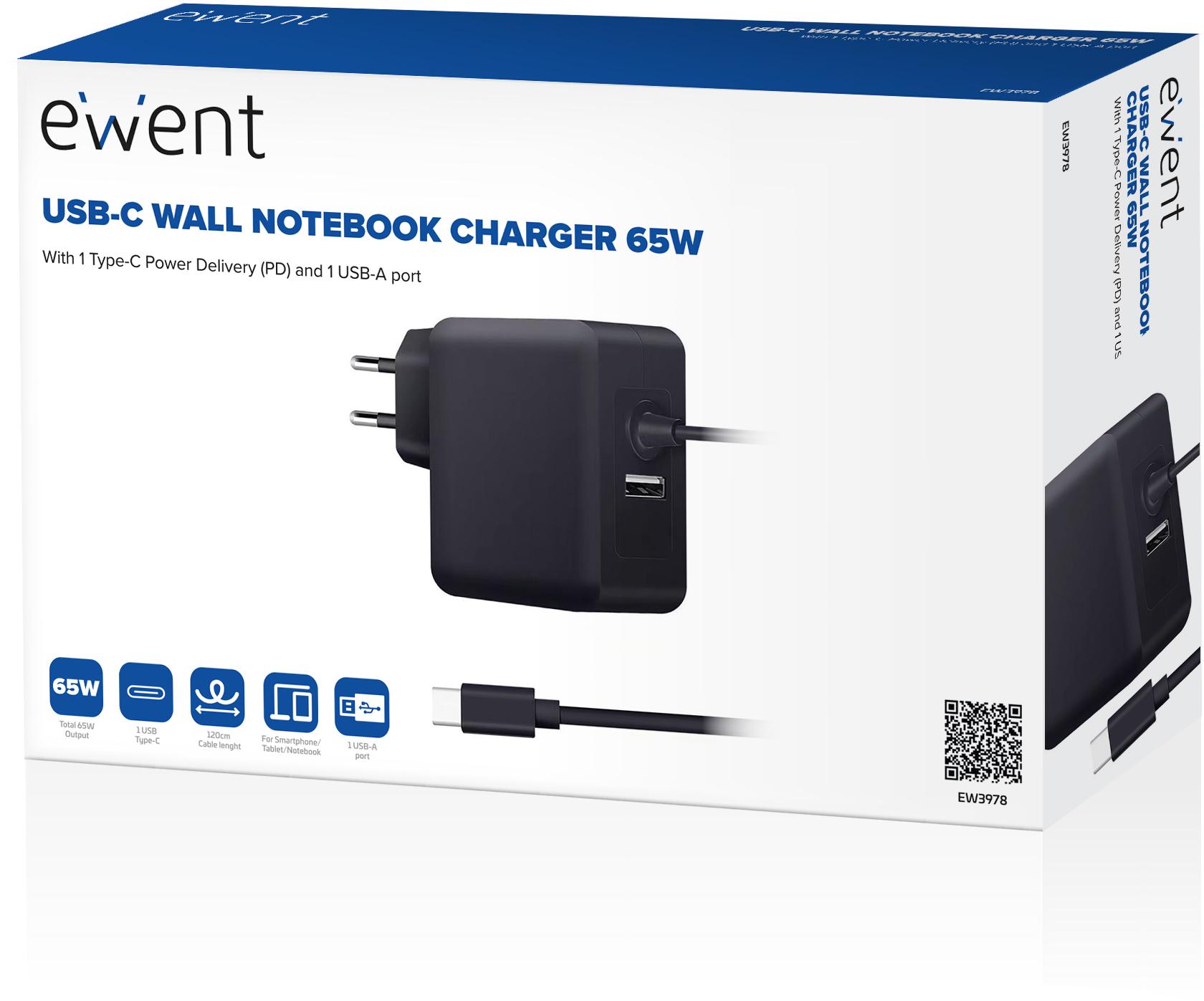 Ewent - Cargador de Portátil Ewent USB-C + 1-Puerta USB-A PD 65W Negro