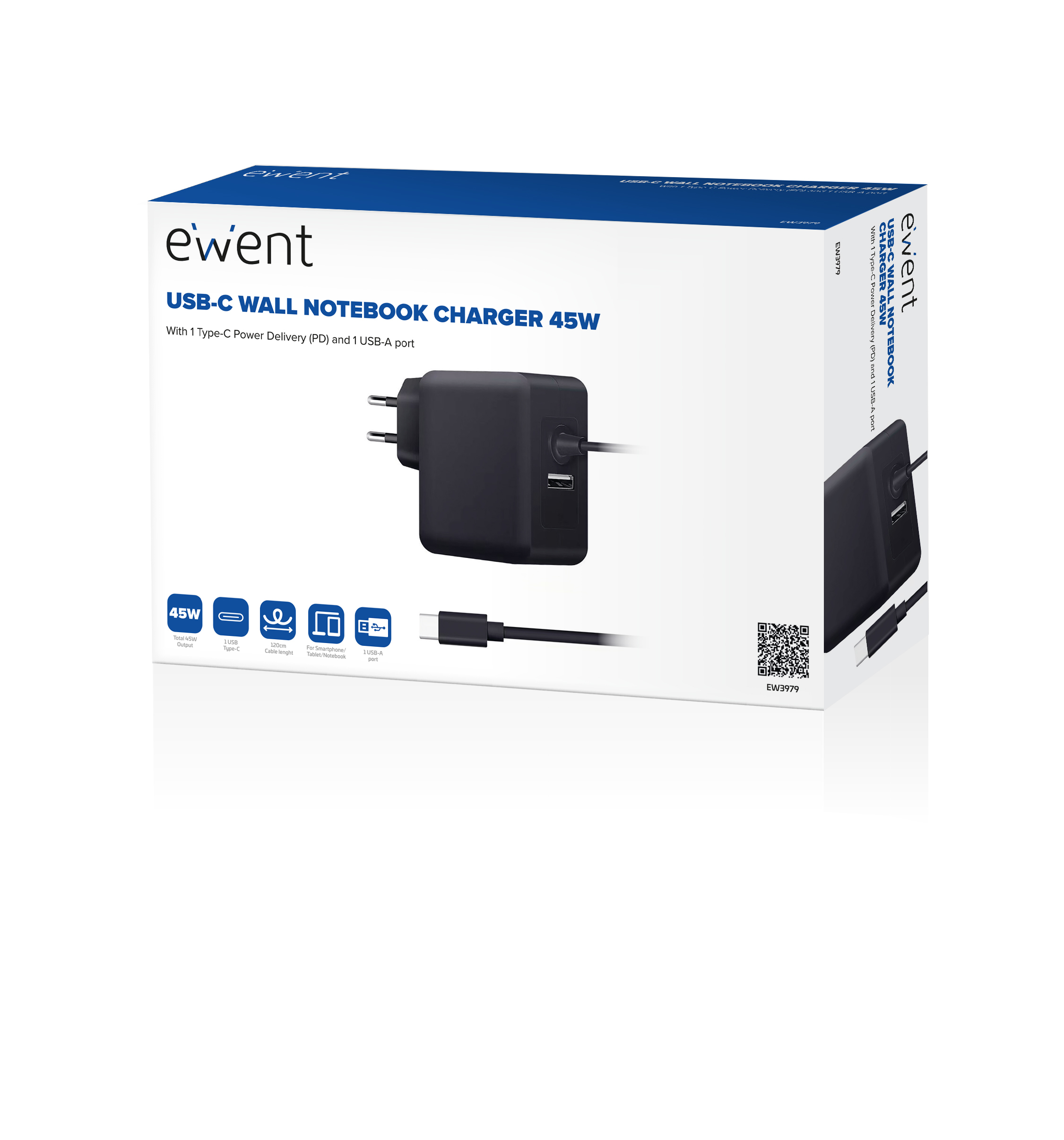 Ewent - Cargador de Portátil Ewent USB-C + 1-Puerta USB-A PD 45W Negro