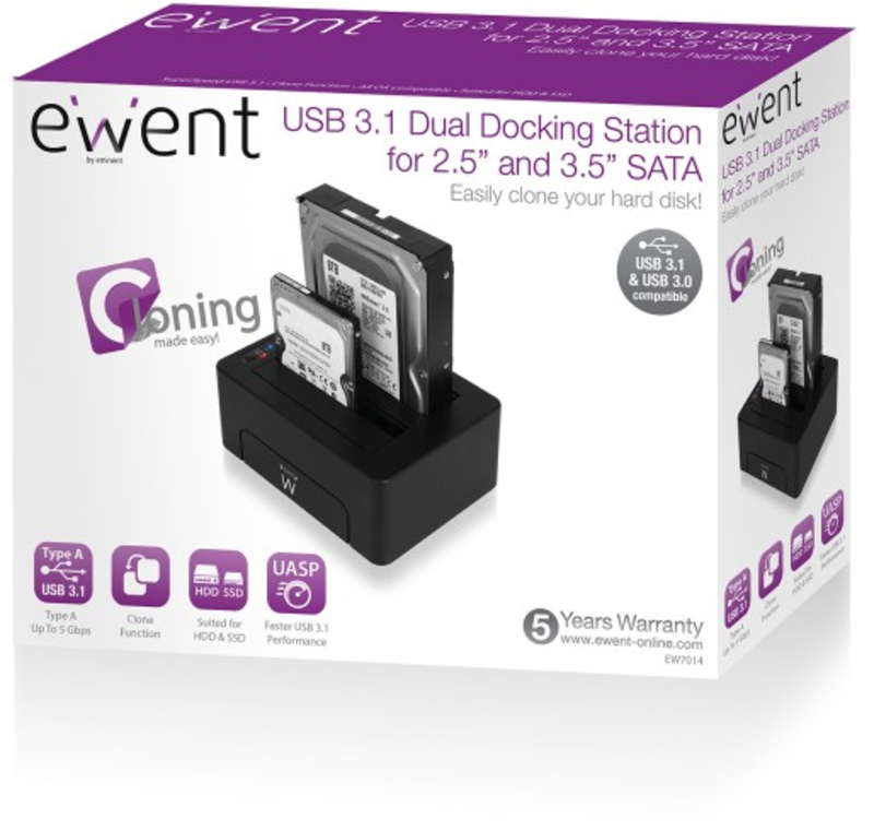 Ewent - Dock HDD Ewent para Dual SSD/HDD 3.5" y 2.5" SATA - USB3.1 Gen 1