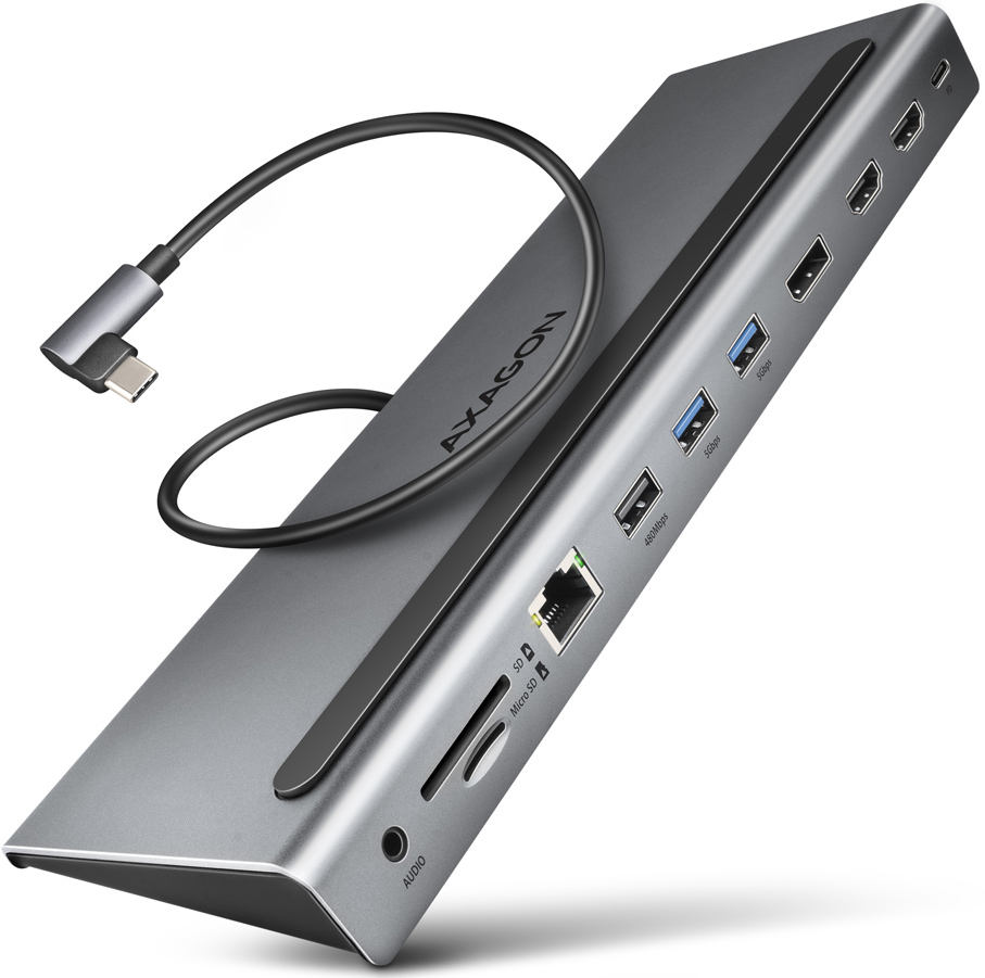 AXAGON - Multiport-Hub AXAGON HMC-4KX3 USB 3.2 Gen 1 hub, DP + 2x HDMI + GLAN, PD, 3x USB-A ports, Memory Card Reader e Audio Output