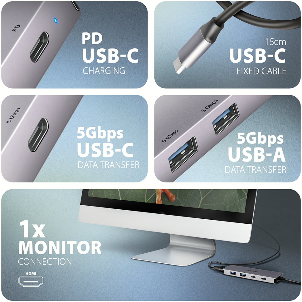 AXAGON - HUB USB-C AXAGON HMC-5H60 USB-C 3.2 Gen 1 hub, 2x USB-A, 1x USB-C, 4K 60Hz HDMI, PD 100W