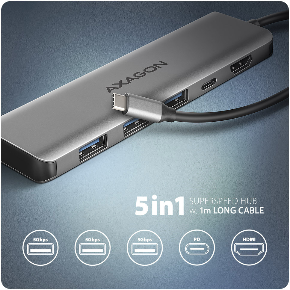 AXAGON - HUB USB-C AXAGON HMC-5H USB-C 3.2 Gen 1 hub, 3x USB-A, 4K HDMI, PD 100W