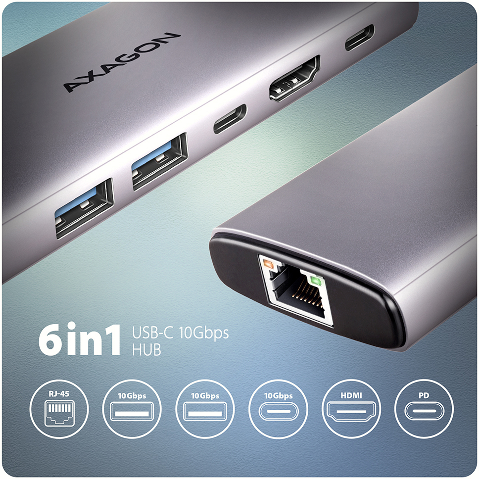 AXAGON - HUB USB-C AXAGON HMC-6G2L 2x USB-A 10Gbps, 1x USB-C 10Gbps, 4K/60Hz HDMI, RJ-45, USB 3.2 Gen 2 hub, PD 100W