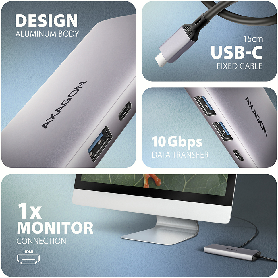 AXAGON - HUB USB-C AXAGON HMC-6G2L 2x USB-A 10Gbps, 1x USB-C 10Gbps, 4K/60Hz HDMI, RJ-45, USB 3.2 Gen 2 hub, PD 100W