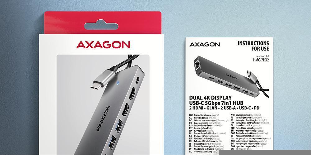 AXAGON - Multiport-Hub AXAGON HMC-7HX2 USB-C 3.2 Gen 1 hub, 2x USB-A + 1x USB-C, 2x HDMI 4K 60Hz, GLAN, PD 100W, 15cm USB-C cable