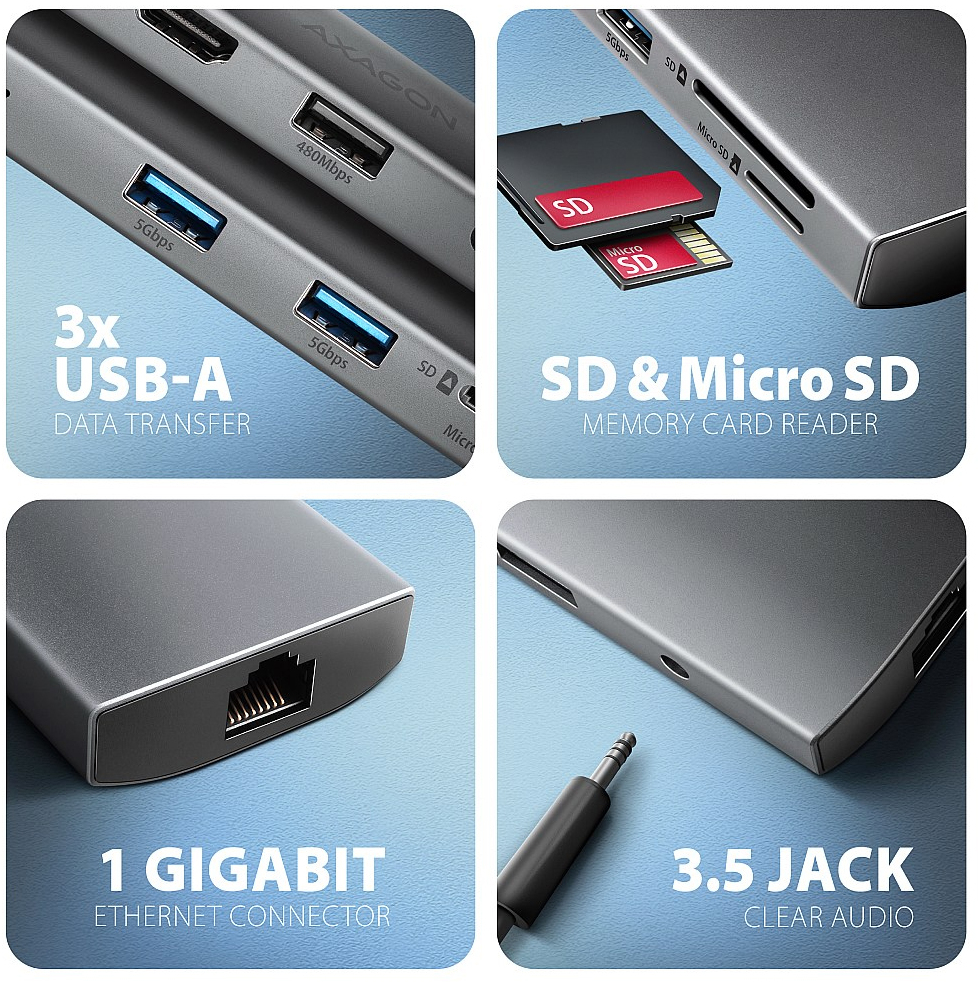 AXAGON - HUB USB-C AXAGON HMC-8HLSA USB-C 3.2 Gen 1 hub, 3x USB-A + 4K/30Hz HDMI + SD/microSD, GLAN, Audio, PD 100W