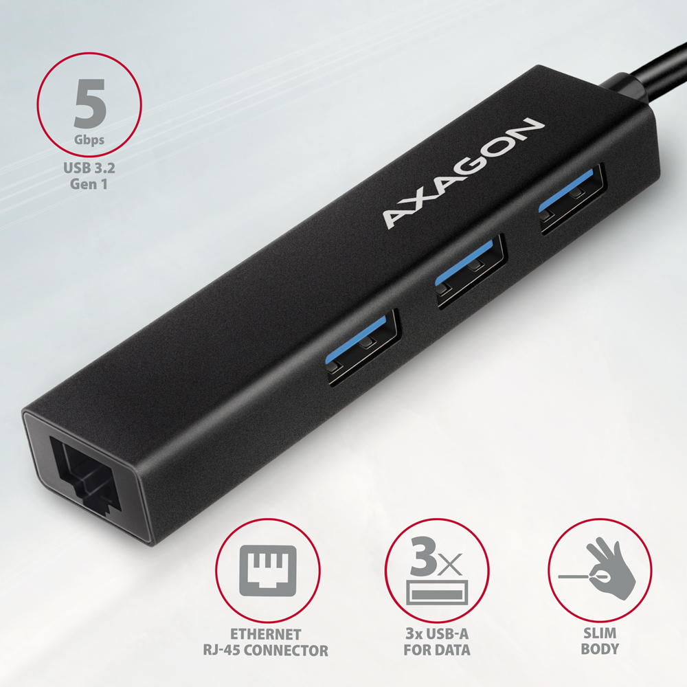 AXAGON - HUB USB-C AXAGON HMC-GL3A 3x USB-A + GLAN, USB 3.2 Gen 1 hub, metalico