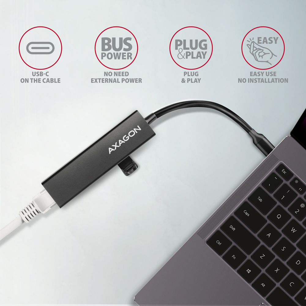 AXAGON - HUB USB-C AXAGON HMC-GL3A 3x USB-A + GLAN, USB 3.2 Gen 1 hub, metalico