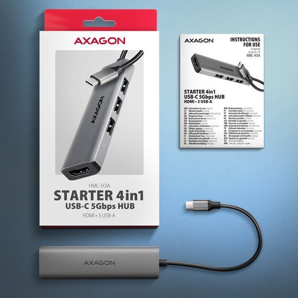 AXAGON - HUB AXAGON HMC-H3A 3x USB-A (2x USB2.0, 1x USB3.0) + HDMI 4K 30Hz, 3.2 Gen 1 , metal, 15cm USB-C cable