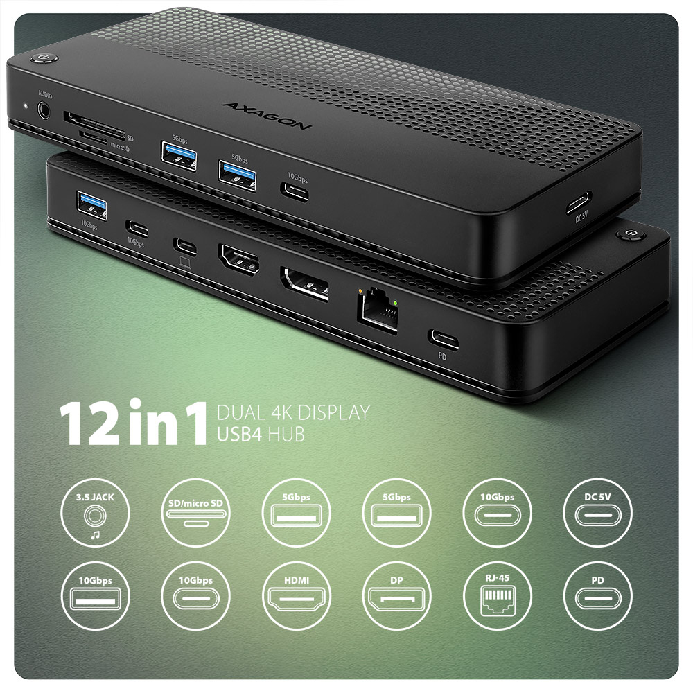 AXAGON - AXAGON HMC-U4 USB4 dock, 3x USB-A, 2x USB-C, HDMI & DP 8K/30Hz, RJ-45, SD/mSD, audio, PD