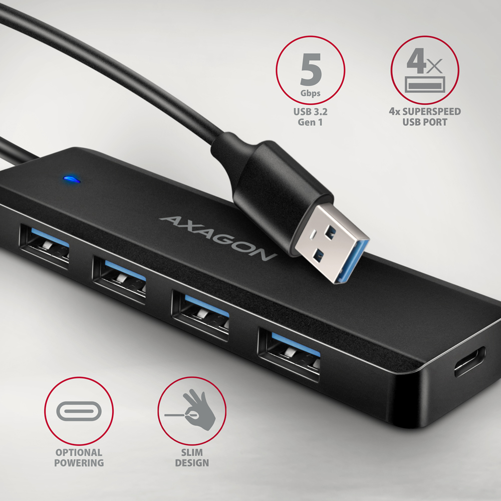 AXAGON - Travel Hub AXAGON HUE-C1A 4x USB3.2 Gen 1 USB-C power IN, w, Type-A - 20cm