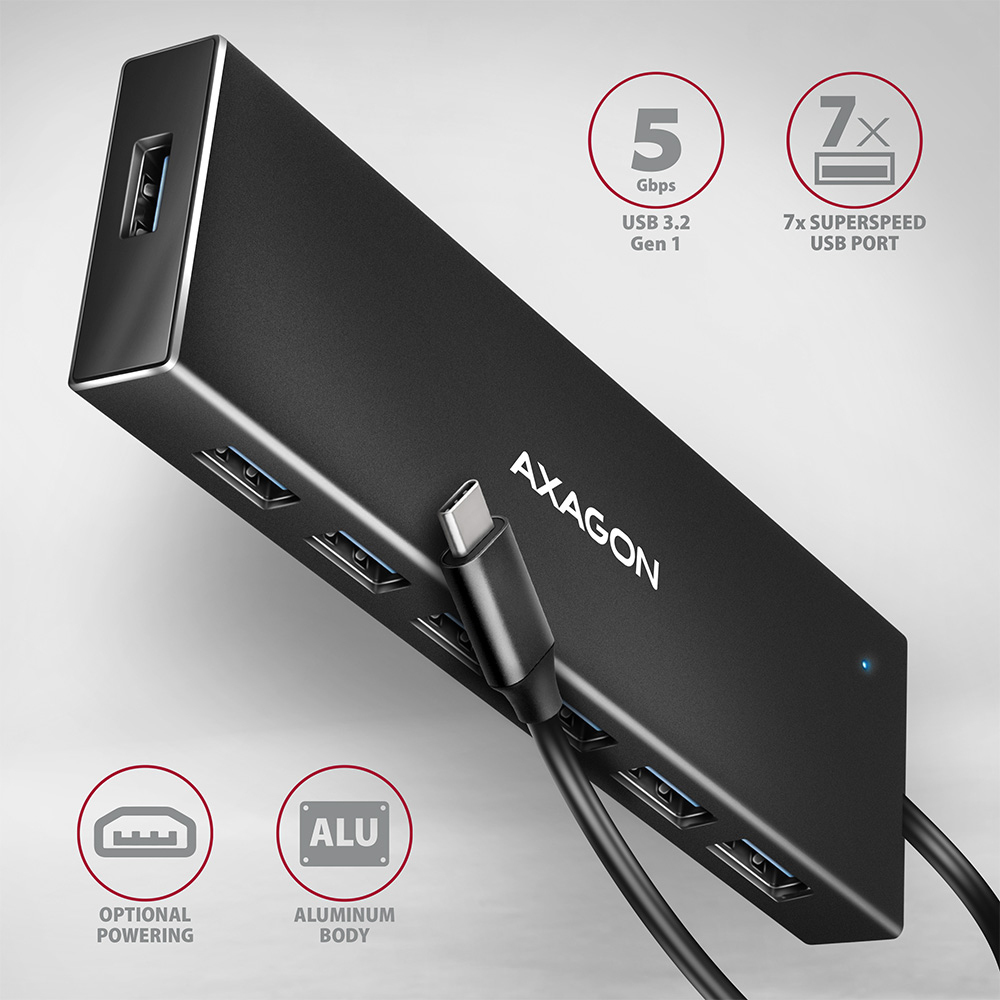 AXAGON - HUB USB-C AXAGON HUE-F7C 7x USB 3.2 Gen 1 ALU FLAT, micro USB power IN