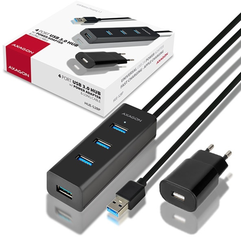 AXAGON - HUB de cargamento AXAGON HUE-S2BP 4x USB3.0, MicroUSB Charging, Incl. AC Adapter