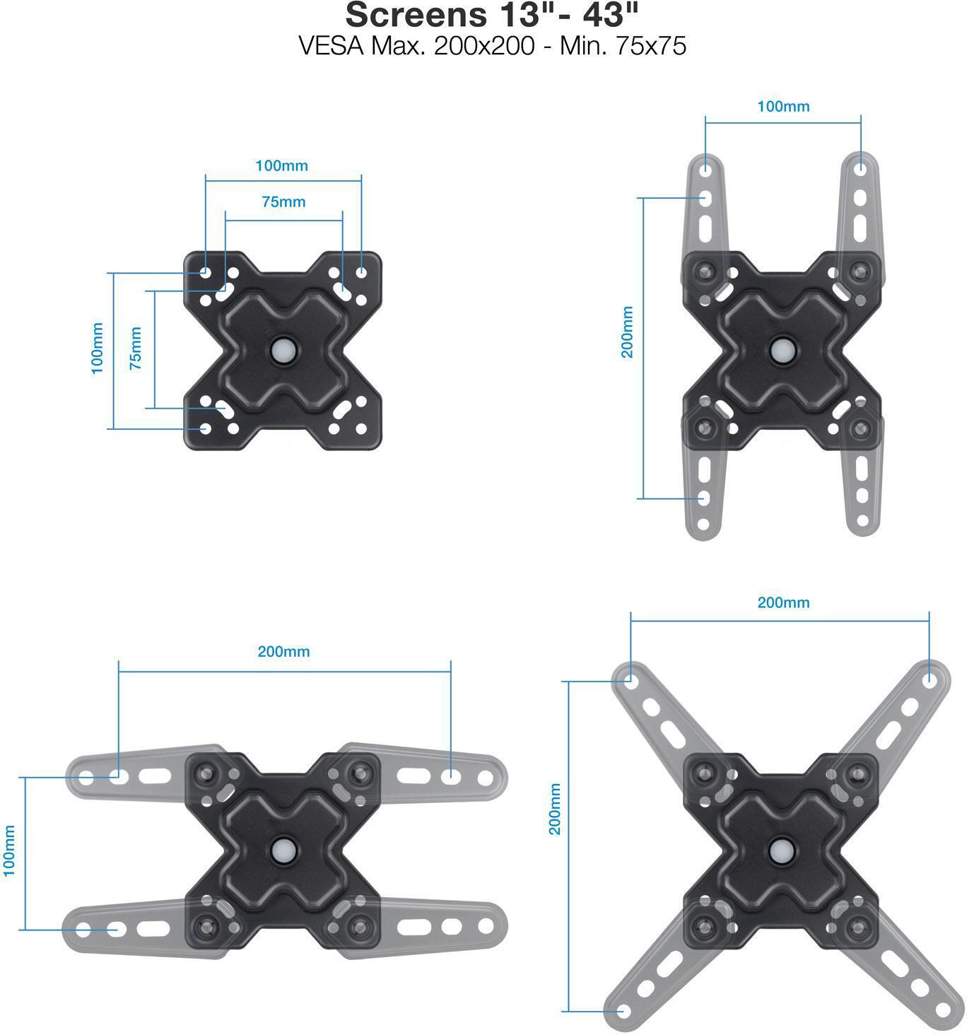 Tooq - Soporte de Pared Tooq Tilt e Giratónrio 13" a 43" 66-370 mm Max. 20kg Negro