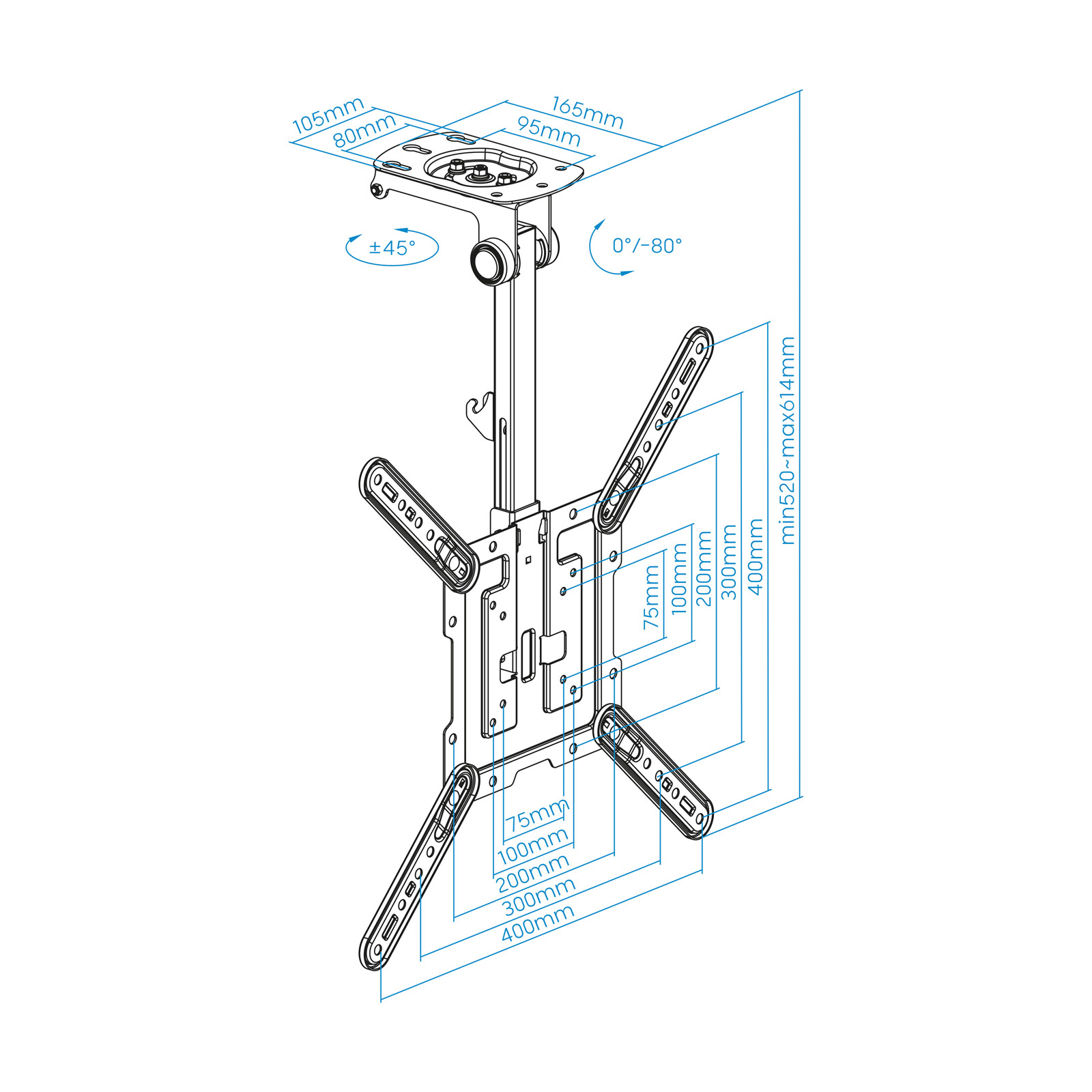 Tooq - Soporte de Techo Tooq Inclinable Rotación y Ajuste de Altura 23" a 55" Máx. 20Kg