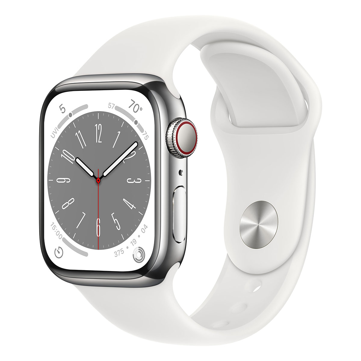 Apple - Reloj Smartwatch Apple Watch Series 8 GPS LTE 41mm Acero Inoxidable Plata con Correa Deportiva Blanca