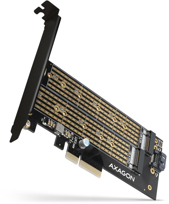 Adaptador AXAGON PCEM2-D PCIe-3.0, 1x M.2-NVMe, 1x M.2-SATA con refrigerador pasivo