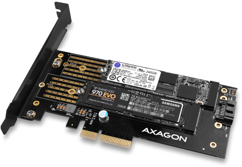 AXAGON - Adaptador AXAGON PCEM2-D PCIe-3.0, 1x M.2-NVMe, 1x M.2-SATA con refrigerador pasivo