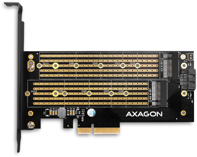 AXAGON - Adaptador AXAGON PCEM2-D PCIe-3.0, 1x M.2-NVMe, 1x M.2-SATA con refrigerador pasivo