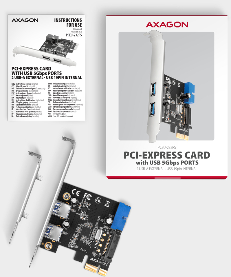 AXAGON - Adaptador PCIe AXAGON PCEU-232RS PCIe card - 2+2x USB 5Gbps port, SATA power