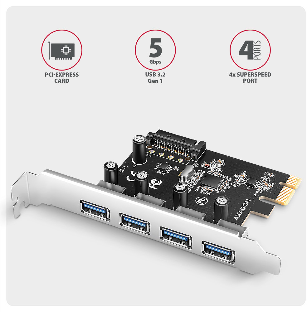 AXAGON - Adaptador PCIe AXAGON PCEU-43RSA - 4x USB 5Gbps port, SATA power