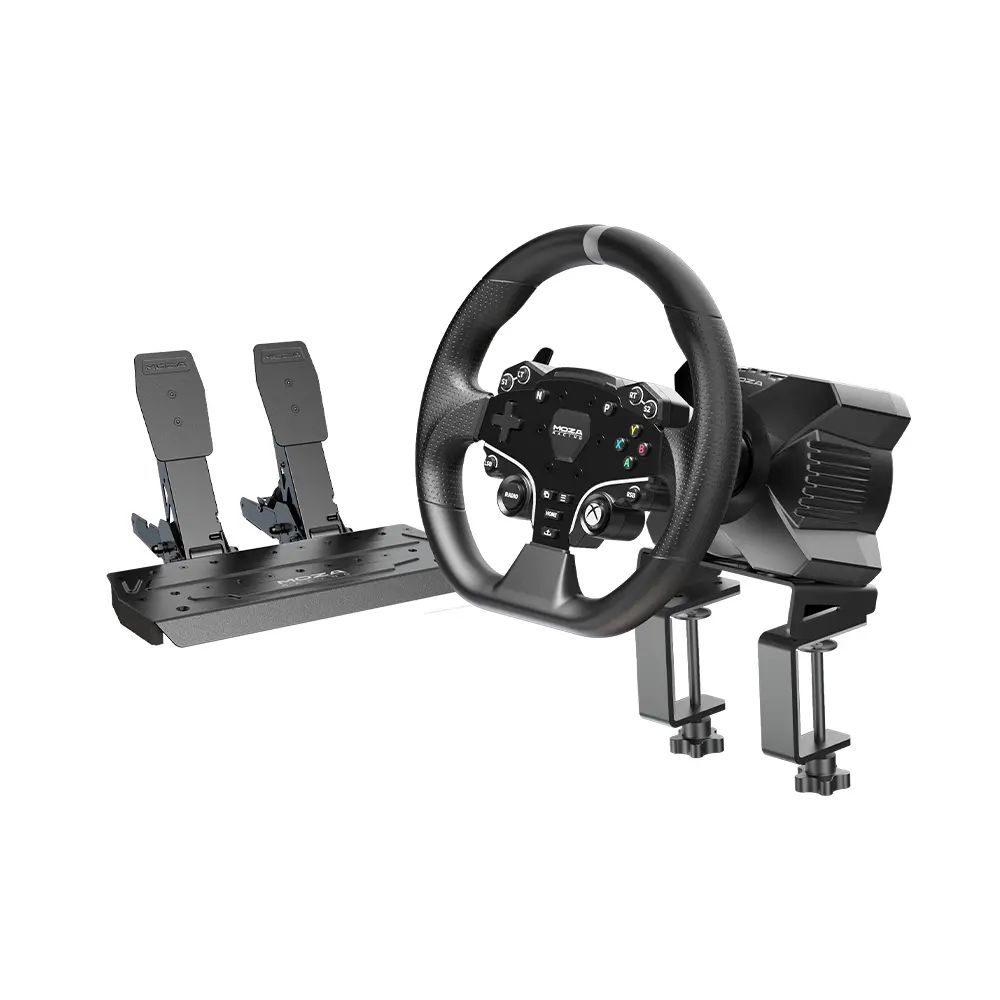 Conjunto MOZA Racing R3 Racing Simulator ( Base Volante R5 + Volante ES + Pedais SR-P + Suporte de Mesa R5)