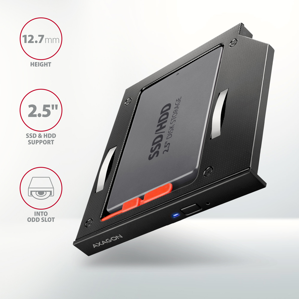 AXAGON - Adaptador Universal AXAGON RSS-CD12 2.5" SSD/HDD Caddy , 12.7 mm, LED, ALU