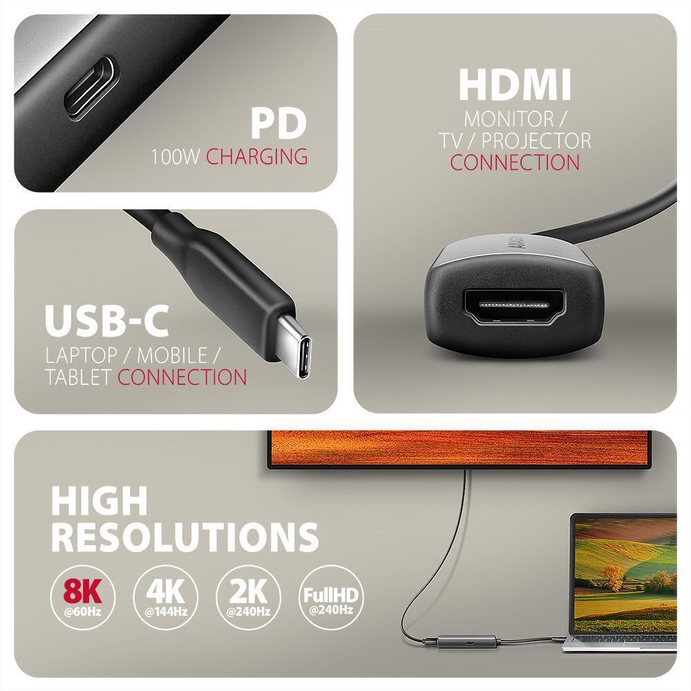 AXAGON - Cable AXAGON RVC-HI8KPD -> HDMI 2.1 adapter 8K/60Hz  4K/144Hz Aluminum, 1,8m