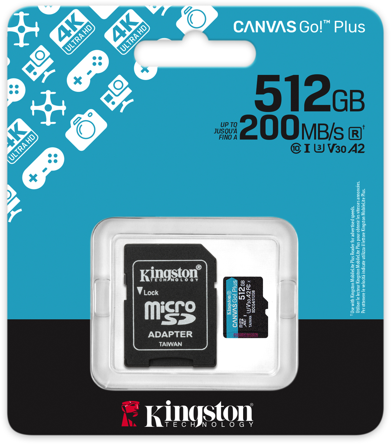 Kingston - Tarjeta de Memoria Kingston Canvas Go! Plus Gen4 200MB/s MicroSDXC UHS-I U3 V30 A2 512GB