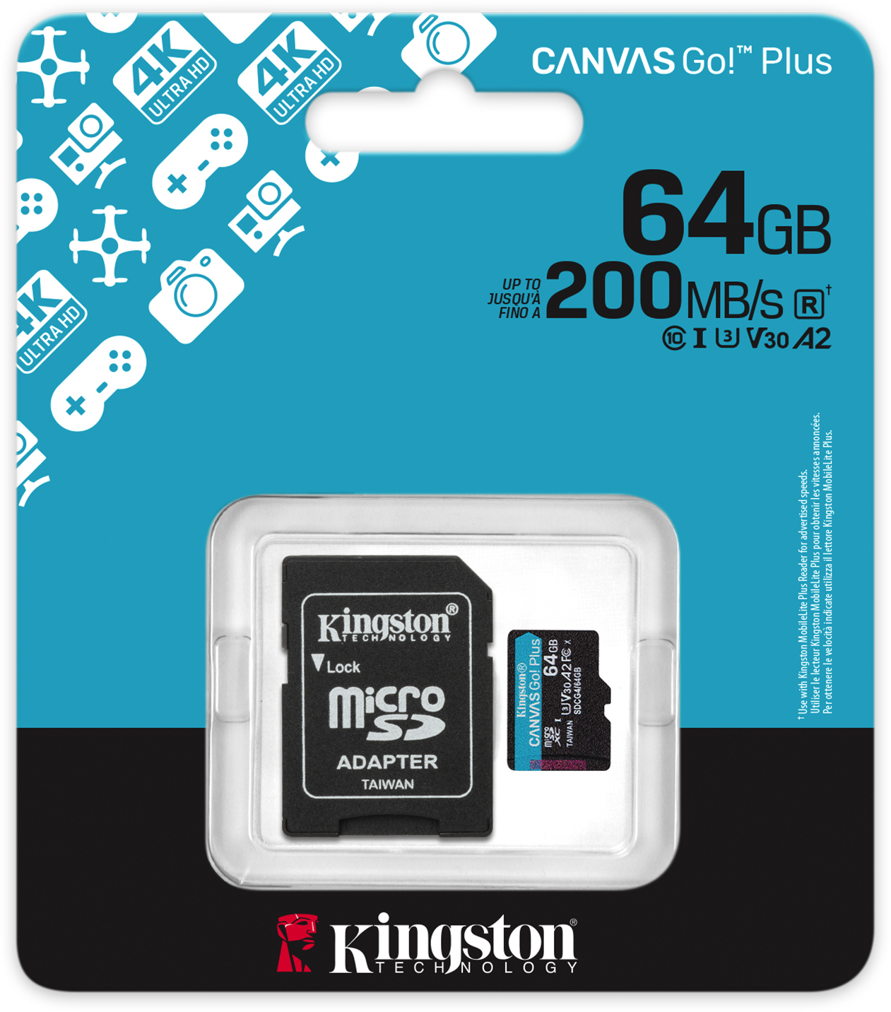 Kingston - Tarjeta de Memoria Kingston Canvas Go! Plus Gen4 200MB/s MicroSDXC UHS-I U3 V30 A2 64GB