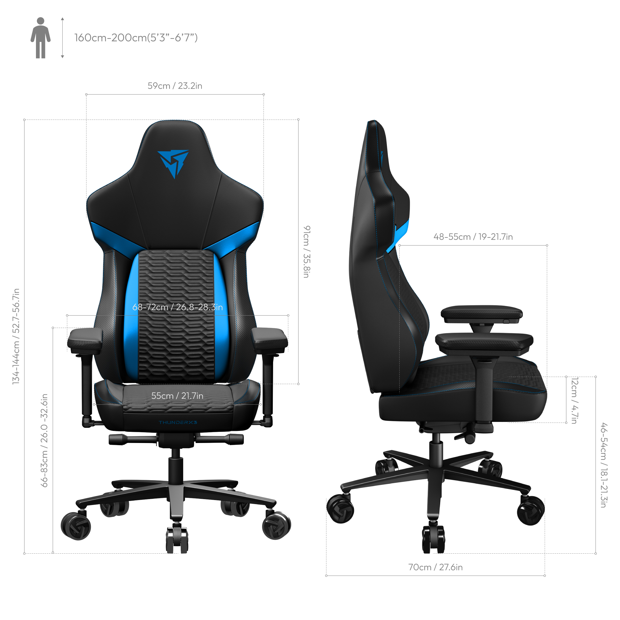 ThunderX3 - Silla Gaming ThunderX3 Core, Apoio lombar 360 graus - Racer Blue