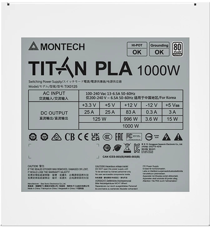 Montech - Fuente Montech Titan PLA 1000W 80 Plus Platinum PCIE5 (Cybenetics Platinum)