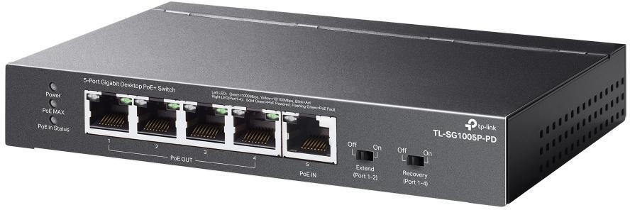 TP-Link - Switch TP-Link TL-SG1005P-PD 5 Portas Gigabit PoE+ 1 Porta PoE++ 4 Portas PoE+ Out