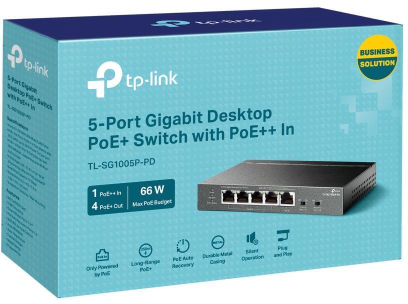 TP-Link - Switch TP-Link TL-SG1005P-PD 5 Portas Gigabit PoE+ 1 Porta PoE++ 4 Portas PoE+ Out