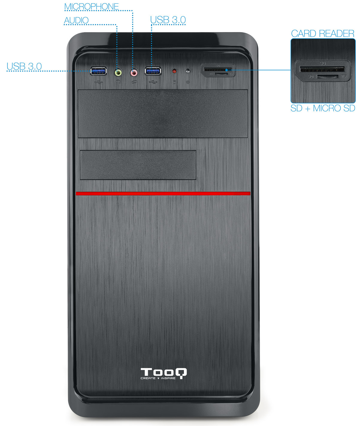 Tooq - Caja Micro-ATX Tooq C/ Fuente 500W + Lector Tarjetas + 2x USB 3.0 Negro