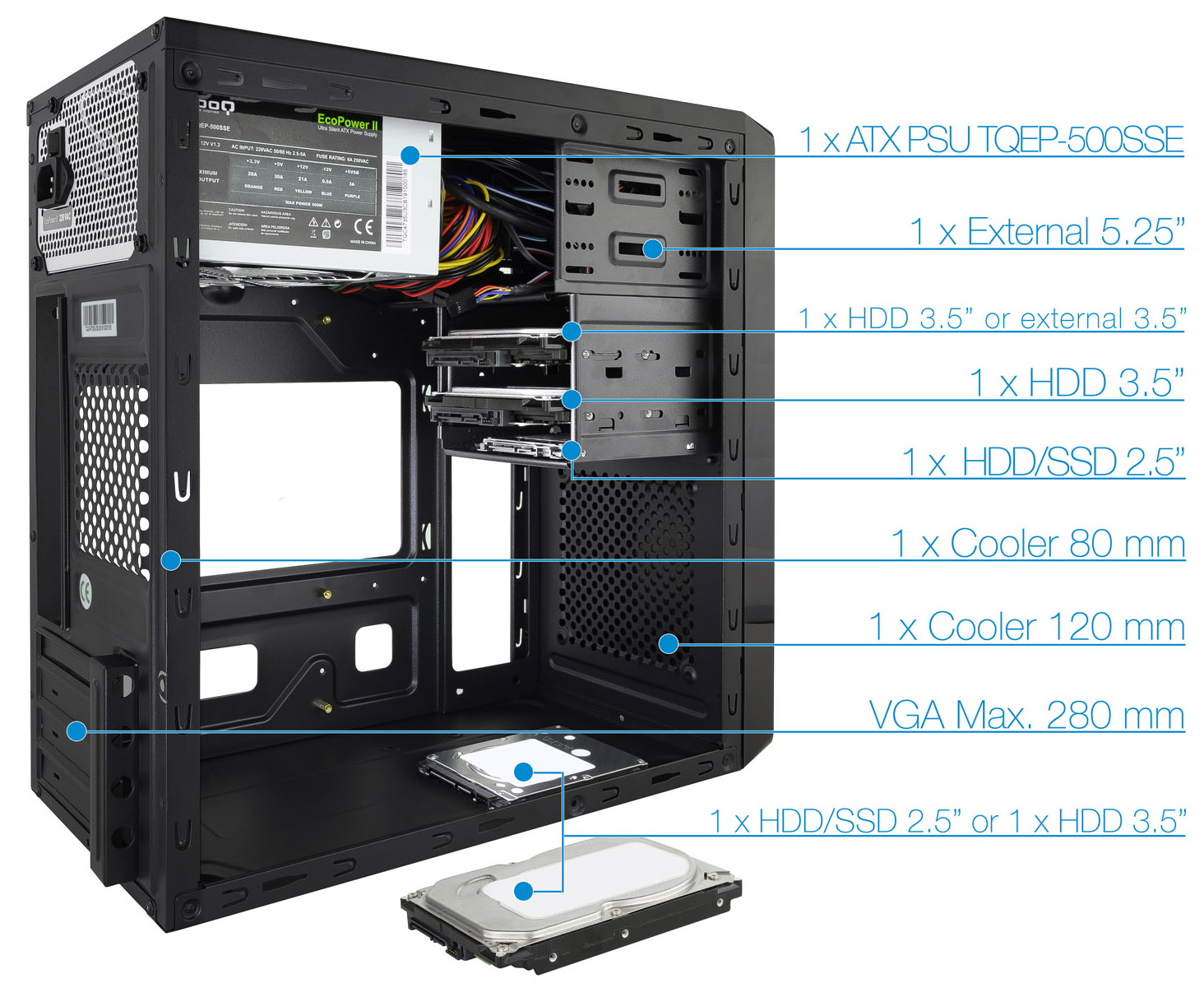 Tooq - Caja Micro-ATX Tooq C/ Fuente 500W + Lector Tarjetas + 2x USB 3.0 Negro